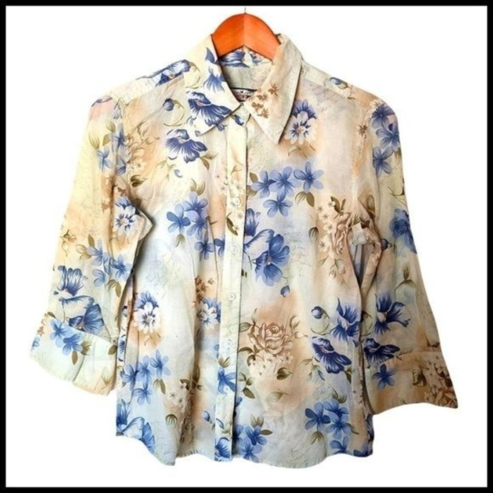 Havana Jack’s Cafe Womens Button Front Shirt Multicolor Floral 3/4 Sleev…